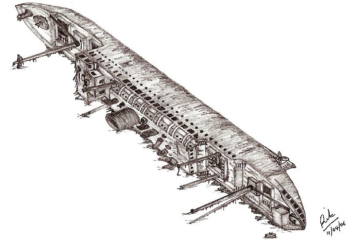heian maru.jpg - Sketch of the Hein Maru as she rests on the seabed